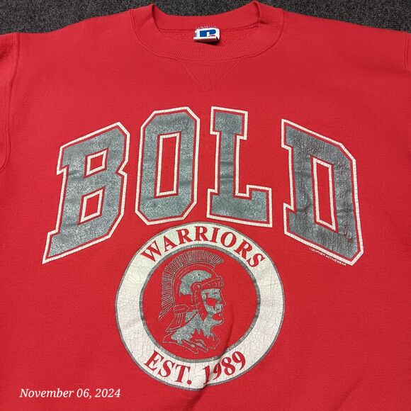 Vintage BOLD Warriors Sweatshirt Adult Medium Red V Stitch Russell - Picture 2 of 7
